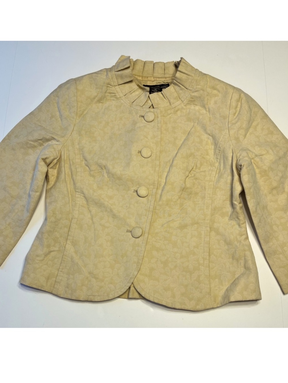 Willi Smith Yellow Jaquard Floral Pleated Stand Collar 3/4 Sleeve Cropped Blazer
